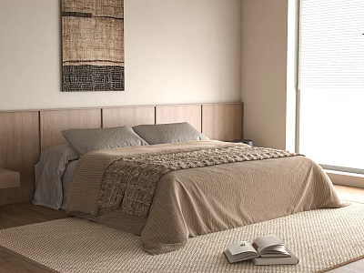 Double Bed With Knitted Beige Bedspread And Wooden Headboard In Cozy Bedroom With Rug Open Book And Wall Art 3d model