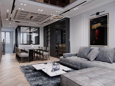 Modern Dining and Living Room Interior With Gray Sofa Marble Coffee Table And Chandelier 3d model