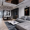 Modern Dining and Living Room Interior With Gray Sofa Marble Coffee Table And Chandelier