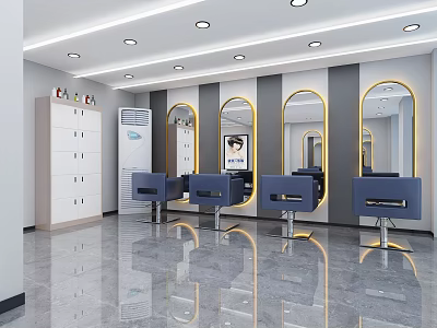 Modern Beauty Salon Interior Design With Styling Chairs Round Mirrors And Bright Lighting 3d model