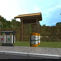 Traditional Wooden Entrance Gate With Roof And Vine Covered Wall Near Lawn And Trash Bins