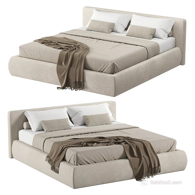 Modern Beige Upholstered Double Bed with Soft Bed Sheets Pillows and Brown Blanket 3d model