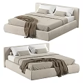 Modern Beige Upholstered Double Bed with Soft Bed Sheets Pillows and Brown Blanket 3d model
