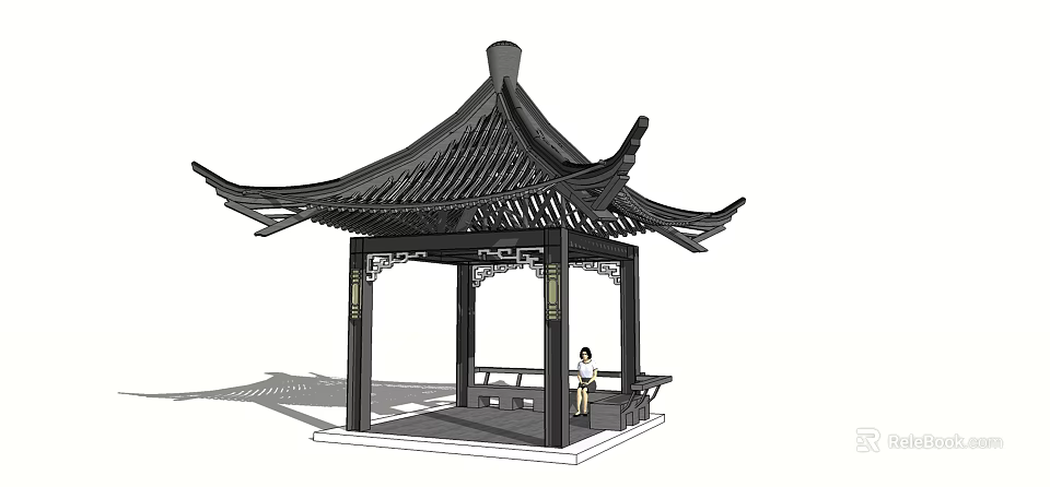 Traditional Chinese Style Pavilion With Curved Roof Wooden Benches And Standing Person 3d model 