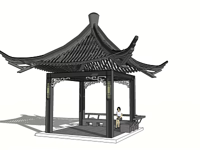 Traditional Chinese Style Pavilion With Curved Roof Wooden Benches And Standing Person 3d model