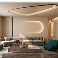 Modern Living Room with Curved Ceiling Lighting City View Neutral Sofa and Teal Accent Chair