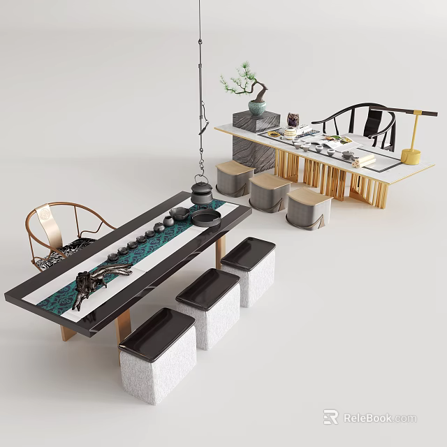 Minimalist Tea Table and Chairs Set with Marble Top Stools and Tea Utensils 3d model