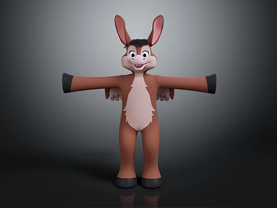 Cartoon Donkey Game Character 3D Model Standing With Arms Outstretched Brown Body Pink Inner Ears 3d model