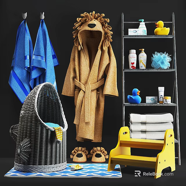 Cozy Kid Friendly Bathroom Set With Lion Robe Towels Slippers Bath Products And Storage Shelf 3d model 