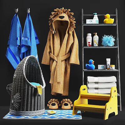 Cozy Kid Friendly Bathroom Set With Lion Robe Towels Slippers Bath Products And Storage Shelf 3d model