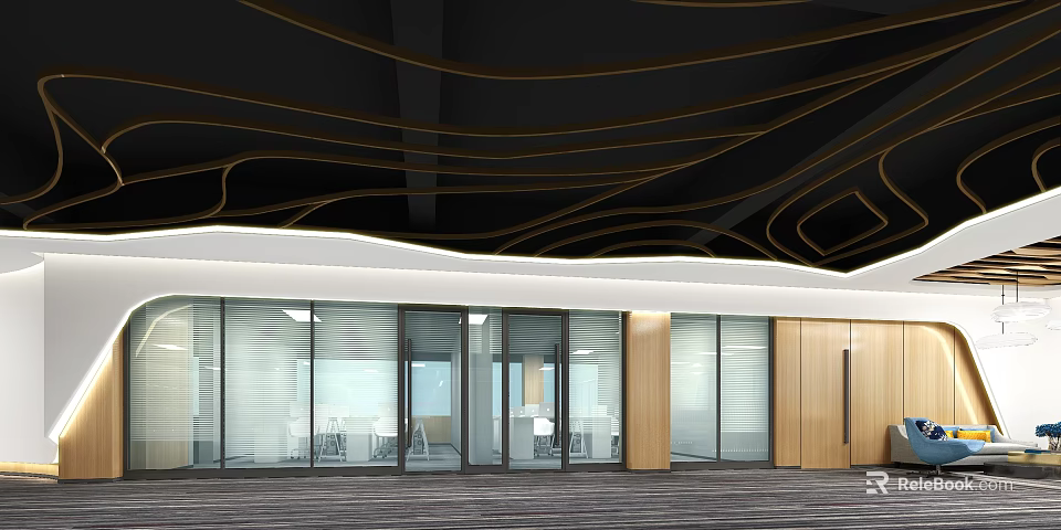 Modern Public Office Space With Glass Doors Wooden Panels And Curved Ceiling Design 3d model 