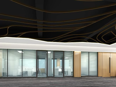 Modern Public Office Space With Glass Doors Wooden Panels And Curved Ceiling Design 3d model