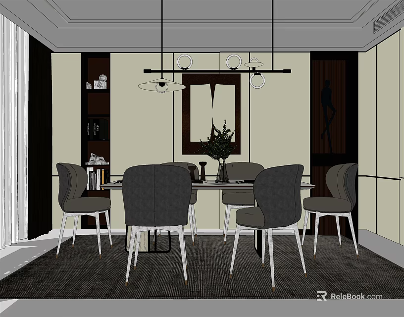 Elegant Modern Dining Table Set With Chairs Chandelier And Decorative Mirror 3d model