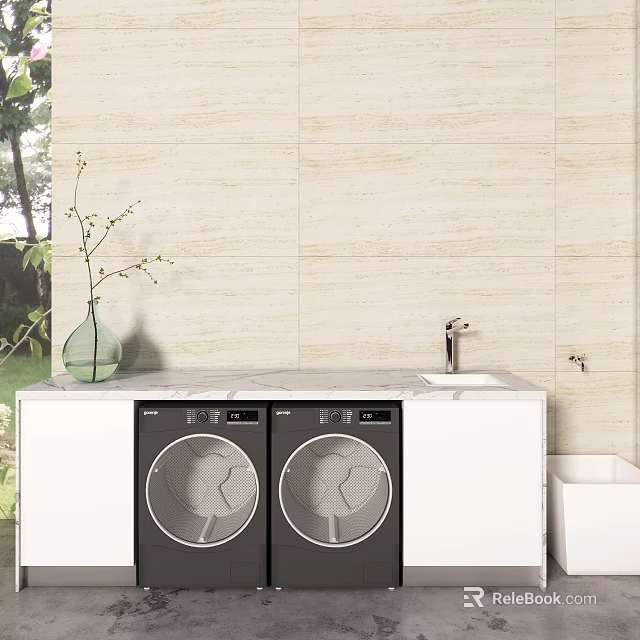 Practical Outdoor Table With White Countertop Green Vase Black Washing Machines And Light Tile Wall With Green Plants 3d model 