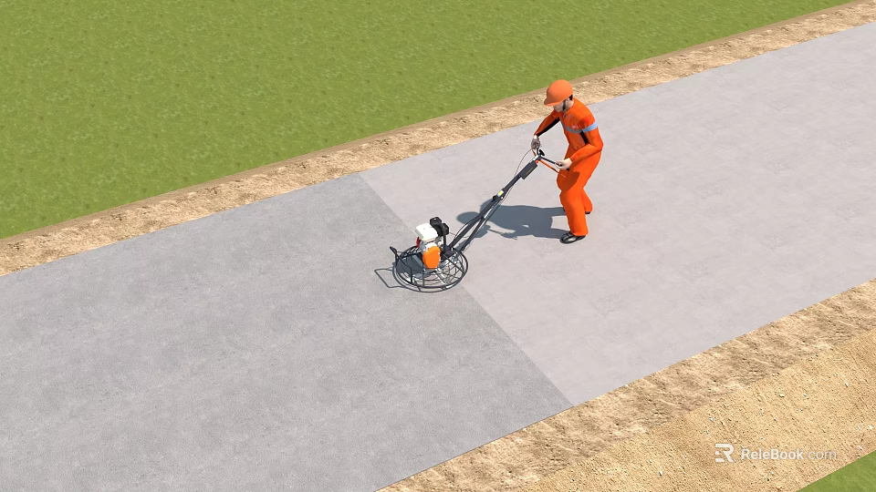 Industrial Park Maintenance Worker Pushing Equipment On Gray Pavement Beside Green Grass And Dirt Slope 3d model 