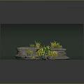Natural Wood and Stone Decorative Display With Green Yellow Plants and Gray Backdrop