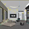 Modern Furniture Showroom Interior With Beige Sofa Black Chair Digital Screen And Glass Doors