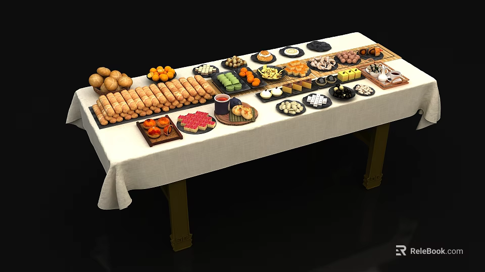 Tea Break Buffet With Assorted Bread Fruits Sushi Desserts And Drinks 3d model 