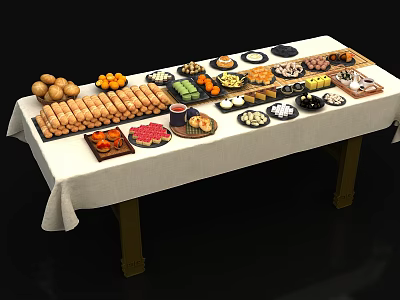 Tea Break Buffet With Assorted Bread Fruits Sushi Desserts And Drinks 3d model