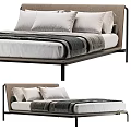 Minimalist Double Bed With Metal Frame Upholstered Headboard White Pillows And Gray Blanket