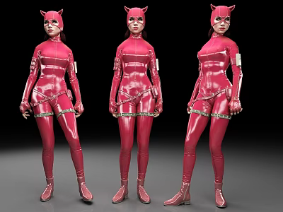 Women in Red Leather Catsuits with Cat Ears Headpiece and Metal Chains Three Different Angles 3d model