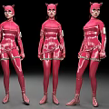 Women in Red Leather Catsuits with Cat Ears Headpiece and Metal Chains Three Different Angles