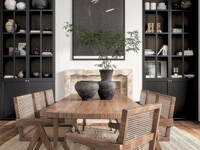 Cozy Restaurant Interior with Wooden Dining Table Wicker Back Chairs Shelves Decorations Dishes Fireplace Plant 3d model