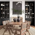 Cozy Restaurant Interior with Wooden Dining Table Wicker Back Chairs Shelves Decorations Dishes Fireplace Plant