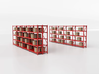 Sturdy Red Multi Layer Storage Racks With Cardboard Boxes For Warehouse 3d model