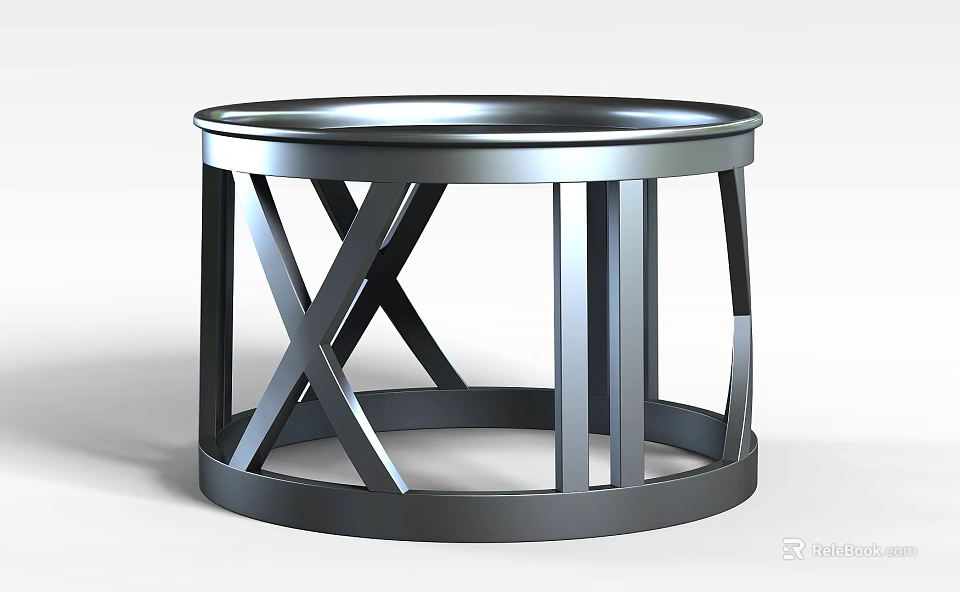 Tech Exhibition Hall Showcasing Modern Metal Circular Table With Crossed Supports And Reflective Surface 3d model 