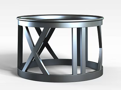 Tech Exhibition Hall Showcasing Modern Metal Circular Table With Crossed Supports And Reflective Surface 3d model