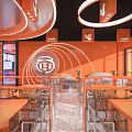 Orange Themed Restaurant Interior With Circular Pendant Lights Open Layout Tables And Chairs 3d model