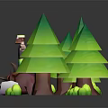Cartoon Forest Scene With Green Trees Character Bear Logs Stones And Mushrooms