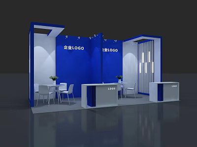 Modern Blue Exhibition Booth Design Featuring Company Brand Logos And White Furniture 3d model