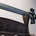 Traditional Sword With Black Blade Green And Gold Hilt On Wooden Stand With Carved Characters
