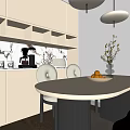 Modern Restaurant Interior With White Cabinets Open Design Dining Table Chairs And Pendant Lights 3d model