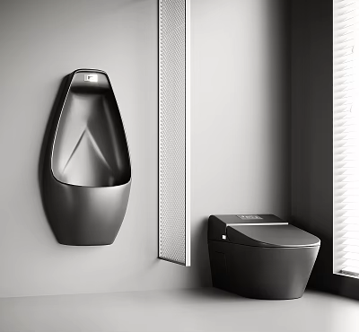 Modern Black Smart Toilet in Bathroom Interior With Wall Mounted Urinal And Window 3d model