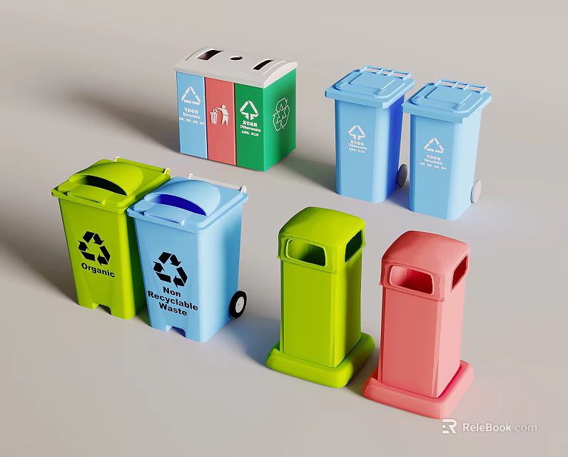 Colorful Recycling Bins In Various Colors With Waste Sorting Symbols And Lids 3d model 