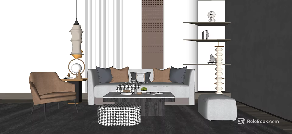 Modern Elegant Sofa Coffee Table Combination With Plush Pillows Decor Items And Stool 3d model