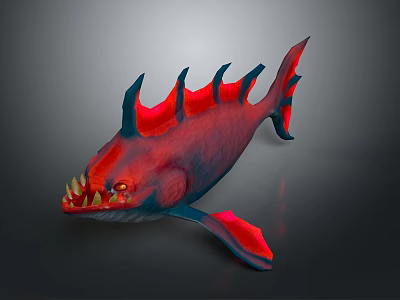Red and Blue Spiked Back Fish with Sharp Teeth Yellow Eyes Wing Fins 3d model