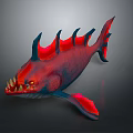 Red and Blue Spiked Back Fish with Sharp Teeth Yellow Eyes Wing Fins