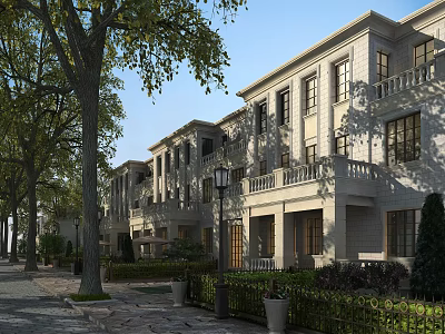 Elegant Classical Townhouse Exterior Featuring Balconies Trees Lamp Posts Stone Pathway and Greenery 3d model