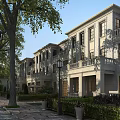Elegant Classical Townhouse Exterior Featuring Balconies Trees Lamp Posts Stone Pathway and Greenery