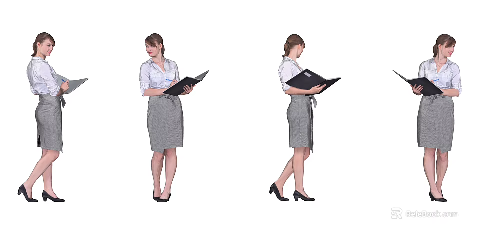 Professional Woman in Business Attire Holding Folder in Standing and Walking Poses 3d model 