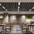 Spacious Modern Cafeteria Interior With Wooden Tables Chairs And Linear Ceiling Lights 3d model