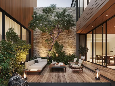 Serene Modern Outdoor Garden Landscape With Wooden Deck Sofa Stone Wall And Lush Greenery 3d model