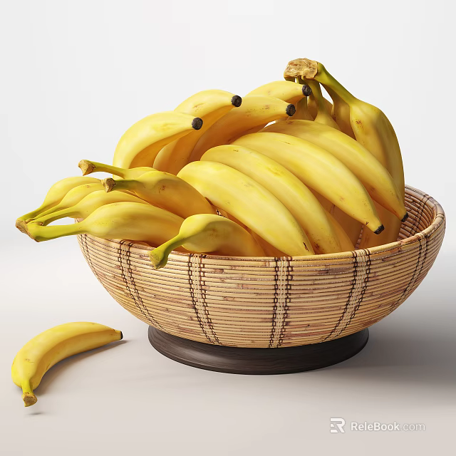 Bunch Of Fresh Yellow Bananas In Ceramic Bowl With Single Banana On White Background 3d model 