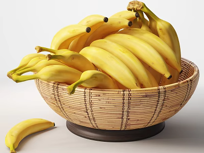 Bunch Of Fresh Yellow Bananas In Ceramic Bowl With Single Banana On White Background 3d model