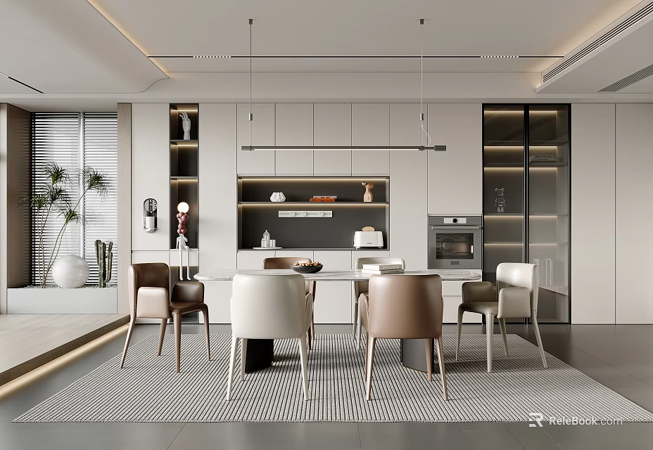 Modern Open Kitchen Dining Interior Design With Table Chairs Cabinets And Pendant Lights 3d model