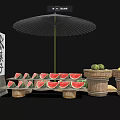 Fresh Colorful Fruit Stall Display With Watermelon Slices Lemons Cucumbers And Wooden Baskets Under Umbrella